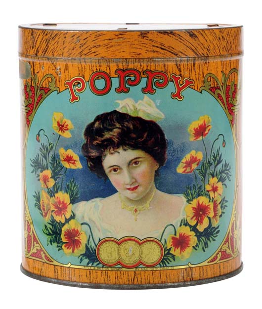 Poppy Cigar tin, rare California tin made by American Can Co., $3,450. Morphy Auctions image.