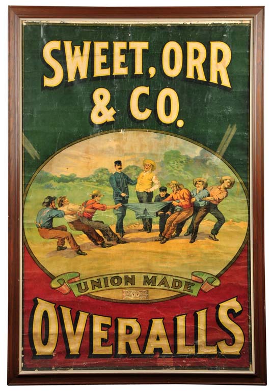 Framed Sweet, Orr & Co. Union Made Overalls lithographed heavy paper advertising sign, late 19th century, $5,750. Morphy Auctions image.