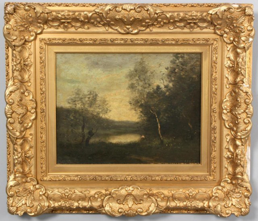 Beautiful signed landscape oil on canvas painting by renowned French artist Corot (1796-1875). Image courtesy of Fontaine’s Auction Gallery.