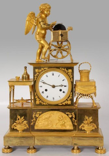 French gilt bronze animated cherub clock, circa 1840, with Cupid depicted on a clock tower. Image courtesy of Fontaine’s Auction Gallery.