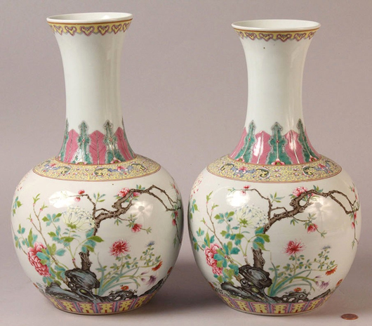 A pair of Chinese Early Republic baluster form vases, $9,890. Image courtesy Case Antiques.