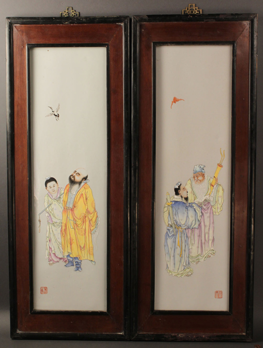 A pair of Chinese Early Republic porcelain wall plaques, 28 inches high, $10,580. Image courtesy Case Antiques.