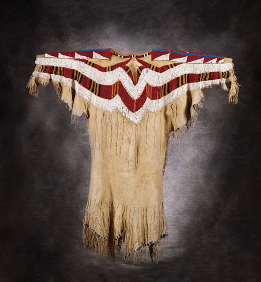 Lot no. 138, a circa 1860 Plateau Pony beaded shirt, sold within estimate for $74,750. Image courtesy of High Noon Western Americana.