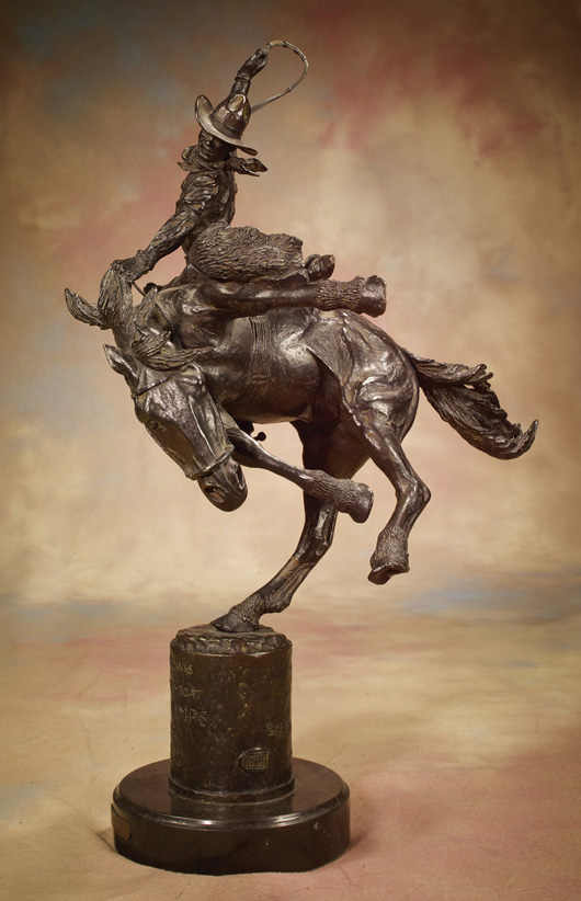 Harry Jackson’s bronze ‘Two Champs II’ sold $13,800, nearly double the high estimate. Image courtesy of High Noon Western Americana.