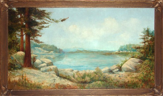 Edward Marion Langley (American, 1870-1949), 'Bear Lake, California,' 1912, oil painting on canvas, titled signed and dated lower right, 37 x 65 inches, in elaborate frame. Estimate: $2,000-$4,000. Image courtesy of Clark's Fine Art Gallery & Auctioneers Inc.