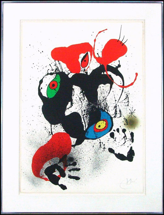 Joan Miro (Spanish, 1893-1983), ‘El Fogainer,’ 1973, color lithograph, signed in pencil, sheet 32 3/4 inches x 23 1/4 inches, framed. Estimate: $3,000-$5,000. Image courtesy of Clark's Fine Art Gallery & Auctioneers Inc.