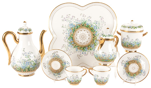 Made during the reign of Alexander II (1855-1881), this tete-a-tete tea service with original fitted traveling case was sold at Jackson’s in May for $25,200 with buyer’s premium. The set with quatrefoil tray is decorated with delicate sprays of violets and gilt tracery. Courtesy Jackson’s International Auctioneers.