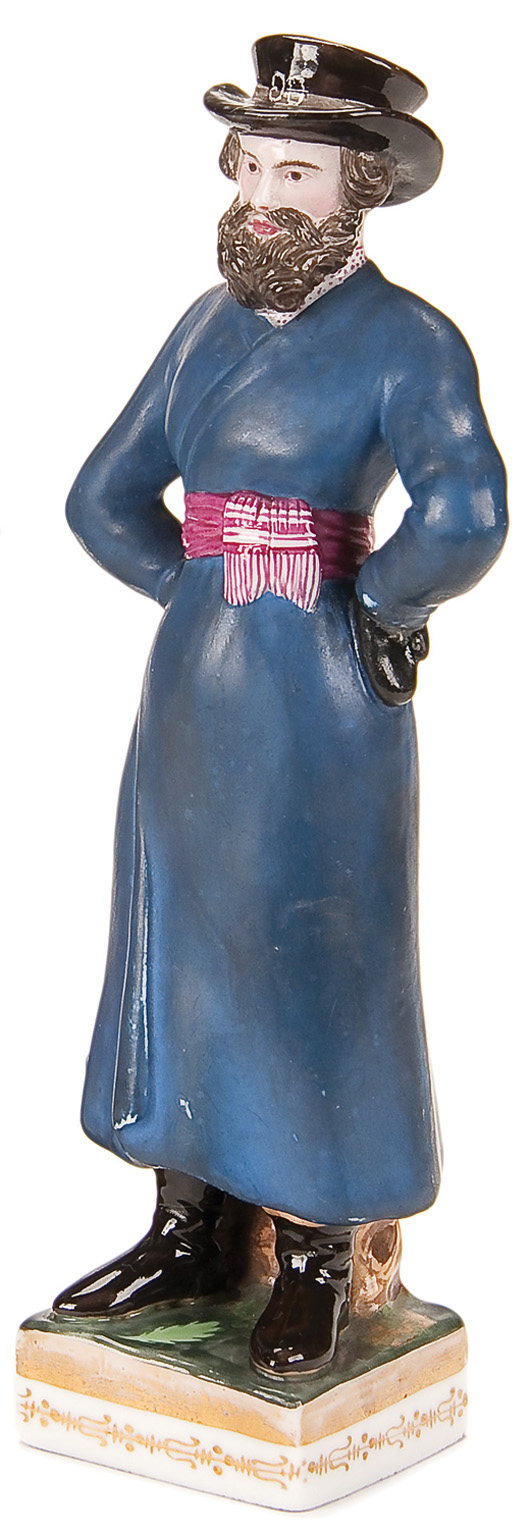 In addition to tableware, Russian porcelain manufacturers created colorful character figurines. This coachman from the Gardner factory, circa 1820-1850, brought $6,504. Courtesy Jackson’s International Auctioneers.