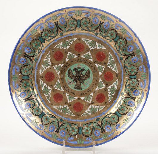 The Kremlin service of Nicholas I (1825-1855) is densely decorated with historic Russian artistic motifs and features the Imperial double-headed eagle in a central cartouche. This plate sold in October at Jackson’s for $3,120. Courtesy Jackson’s International Auctioneers.