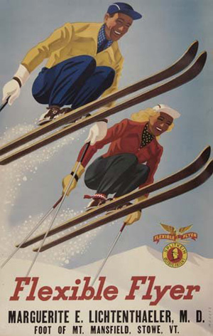 Skiers will compete at Vermont's Suicide Six ski resort using vintage equipment much like that pictured in this circa 1935 poster by Sascha Maurer. Image courtesy of LiveAuctioneers Archive and Swann Auction Galleries.