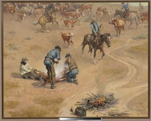 ‘Calf Branding Time’ by Charlie Dye sold for $47,800. Image courtesy of Dallas Fine Art Auction.