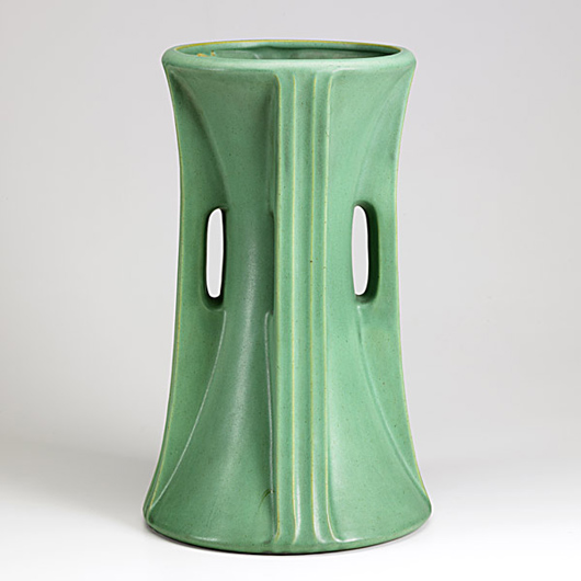 Teco tall buttressed vase, $39,040. Image courtesy Rago Arts and Auction Center.