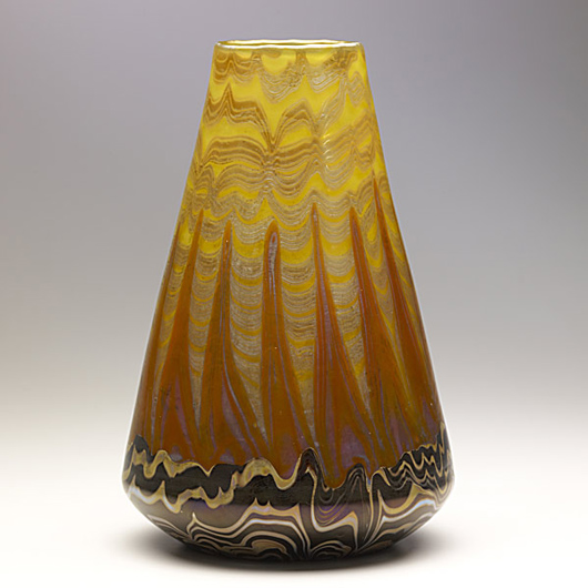 Franz Hofstotter Loetz art glass vase, $23,180. Image courtesy Rago Arts and Auction Center.