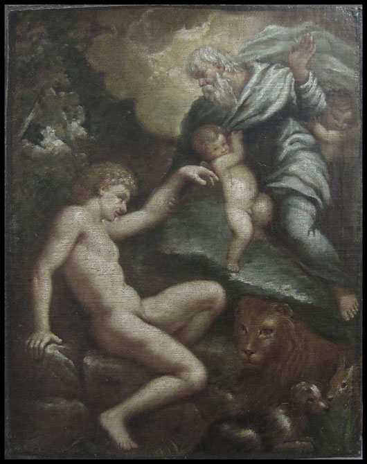 Attributed to Livio Mehus (Oudenaarde/Florence 1630-1691), ‘Creation of Adam,’ oil on canvas laid on panel. Image courtesy of William J. Jenack Estate Appraisers and Auctioneers.