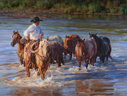 ‘A Good Place to Cross’ by Jason Rich sold for $21,510. Rich shows annually in the Prix de West and the Masters of the American West Exhibition. Image courtesy of Dallas Fine Art Auction.