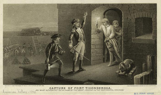1875 Heppenheimer & Maurer engraving depicting the capture of Fort Ticonderoga by Ethan Allen on May 10, 1775, with the subtitle: "By what authority?" "In the name of the Great Jehovah & The Continental Congress." Digitized from engraving held in the N.Y. Public Library.