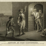 1875 Heppenheimer & Maurer engraving depicting the capture of Fort Ticonderoga by Ethan Allen on May 10, 1775, with the subtitle: "By what authority?" "In the name of the Great Jehovah & The Continental Congress." Digitized from engraving held in the N.Y. Public Library.