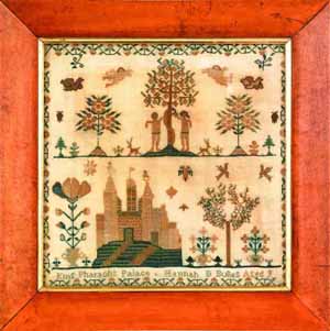 English silk on linen sampler, 19th century, wrought by Hannah D. Bolles, depicting King Pharaoh's Palace, 12 inches x 12 inches. Image courtesy Pook & Pook Inc.