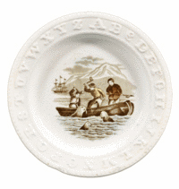 This 1880s child's plate has letters around the edge to teach the alphabet and a picture in the center to display a method of hunting seals. The plate sold at a Skinner auction in Boston for $148, below auction estimate, perhaps because the picture of a seal hunt is controversial today, Image courtesy of Skinner Inc., www.skinnerinc.com.