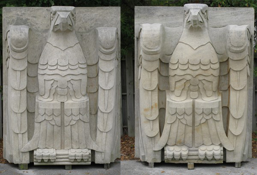 Pair of monumental carved limestone Art Deco eagles, after the originals mounted on the Federal Reserve Building, Chicago, each 96 inches high x 75 inches wide x 45 inches deep. Estimate: $20,000-$30,000. Image courtesy of Great Gatsby’s.
