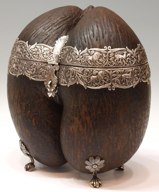 One of two 18th-century coco-de-mer and silver boxes. Image courtesy of Austin Auction Gallery.
