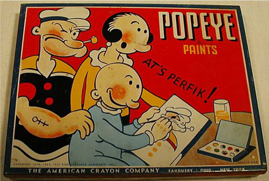 American Crayon Co. produced crayons and paints under many brand names including Popeye and Prang. Image courtesy of LiveAuctioneers Archive and Homestead Auctions.