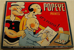 American Crayon Co. produced crayons and paints under many brand names including Popeye and Prang. Image courtesy of LiveAuctioneers Archive and Homestead Auctions.