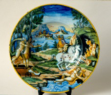 A maiolica dish painted with Pluto and Proserpine, probably from the Fontana workshop in Urbino, circa 1550 — part of the Schroder Collection loan exhibition at the BADA Fair on March 23-29. Photo courtesy BADA.