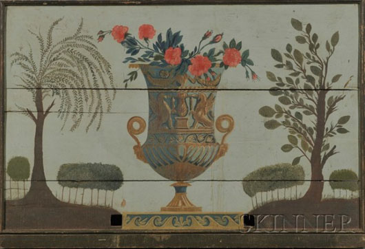 Paint-decorated fireboard, Maine or New Hampshire, early 19th century. This fireboard last sold at Christie's Fine American Furniture, Silver, Folk Art and Decorative Arts auction, Oct. 21, 1989. Estimate $20,000-$25,000. Image courtesty of Skinner Inc.