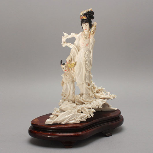 Painted ivory group, height 10 1/2 inches. Estimate: $900-$1,300. Image courtesy of Michaan’s Auctions.