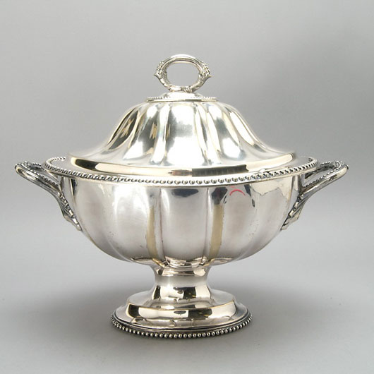 Sheffield-plate covered tureen, height 13 inches, length 16 inches. Estimate: $300-$400. Image courtesy of Michaan’s Auctions.