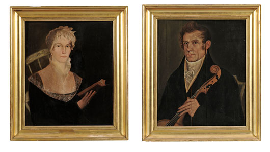American School, 19th-century pair of portraits: Elisha Wales and Lucy Bates Wales. Mrs. Wales was a direct descendant of John Alden. Estimate for the pair: $15,000-$25,000. Image courtesty of Skinner Inc.