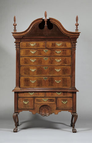 Rare Queen Anne carved walnut and walnut veneer high chest of drawers, attributed to Joseph Davis, Portsmouth, N.H., circa 1735-50. Estimate $50,000-$75,000. Image courtesty of Skinner Inc.