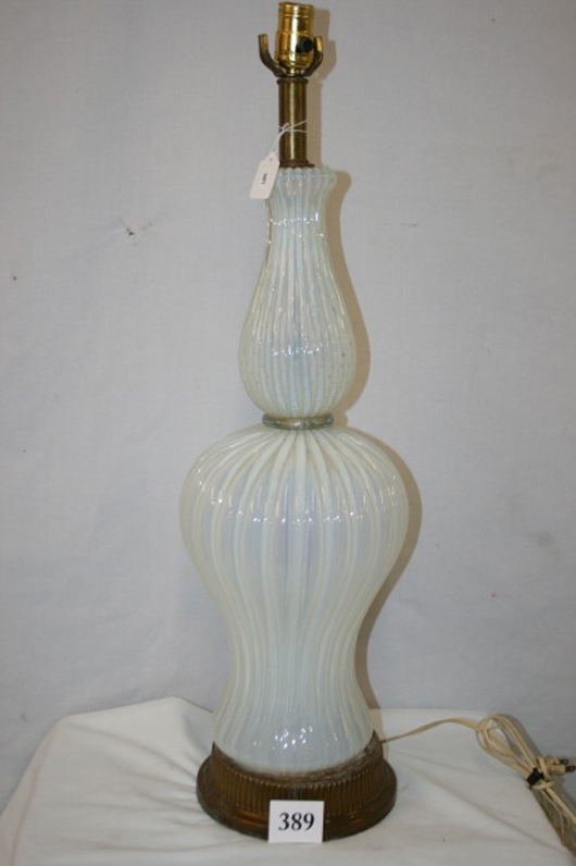 Brass and opalescent glass table lamp base 30 inches high x 8 inches diameter. Image courtesy of Old Barn Auction.