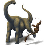 Illustration of Brontomerus loosely based off the official reconstruction by Francisco Gascó. Here Brontomerus is using its unusually massive abductor muscles to "hip check" an attacking dromaeosaur in a lateral kick. Feb. 23, 2011 contribution by Ferahgo the Assasin (Emily Willoughby, e.deinonychus@gmail.com) http://emilywilloughby.artworkfolio.com/. Licensed under the Creative Commons Attribution-Share Alike 3.0 Unported license.