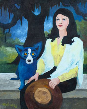George Rodrigue (American, Louisiana, b. 1944) ‘Girl with Brown Hat and Blue Dog Under an Oak Tree,’ 1995, oil and acrylic on canvas. Image courtesy of LiveAuctioneers Archive and New Orleans Auction, St. Charles Gallery.