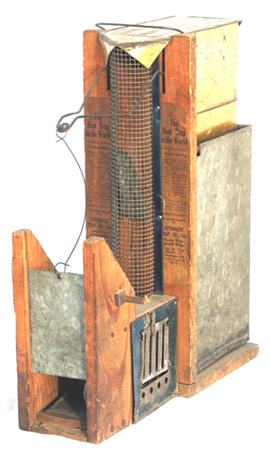 Automatic Trap Co. advertised this device as ‘The Best Trap in the World.’ Made of wood, tin and wire, the trap stands 11 inches high. Image courtesy of LiveAuctioneers and Richard Opfer Auctioneering Inc.