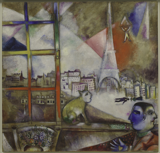 Paris Through the Window (Paris par la fenêtre), 1913. Marc Chagall, French (born Belorussia), 1887‑1985. Oil on canvas, 53 1/2 x 55 3/4 inches (135.9 x 141.6 cm). Philadelphia Museum of Art.