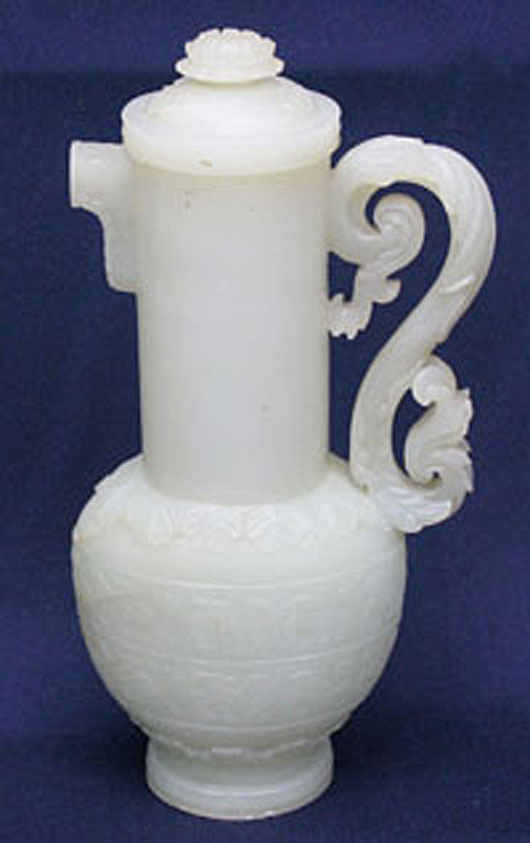 Chinese white jade teapot, $23,420. Manor Auctions image.