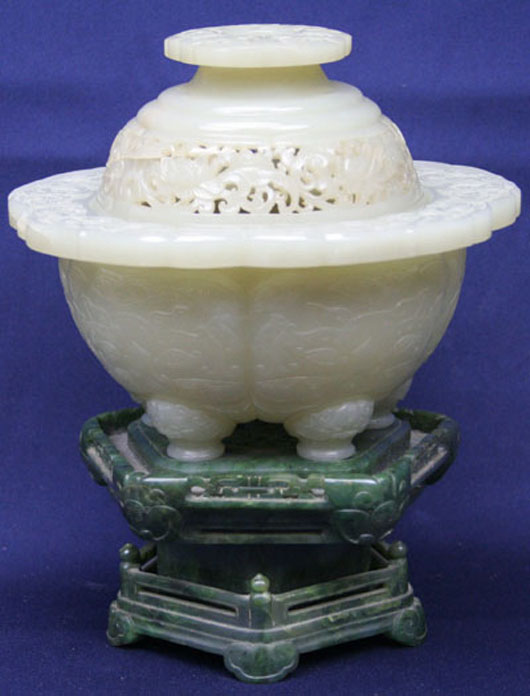Chinese white jade censer, $18,000. Manor Auctions image.