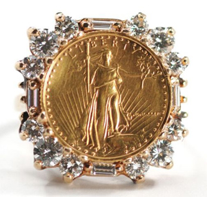 $5 American Eagle gold coin and diamond ring. Estimate: $1,200-$1,500. Image courtesy of Gray’s Auctioneers.