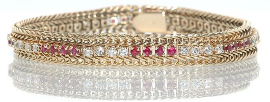 Fourteen-karat yellow gold, diamond and ruby foxtail bracelet. Estimate: $10,000-$15,000. Image courtesy of Gray’s Auctioneers.