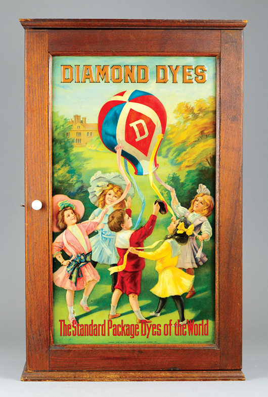 Diamond Dyes cabinet, copyright 1912, double-sided lithographed-tin panels. Estimate $800-$1,000. Bertoia Auctions image.