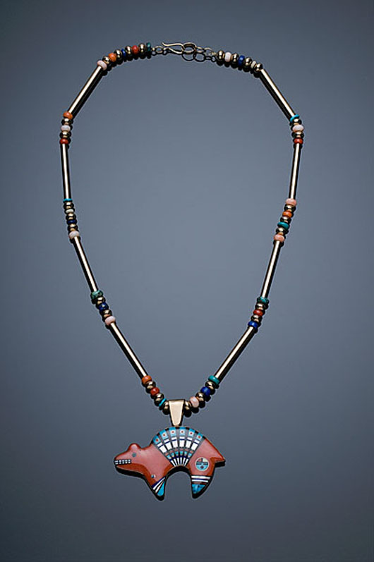 Jessie Monongye inlay gold bear necklace. Estimate: $14,000-$16,000. Image courtesy of Cowan’s Auctions.
