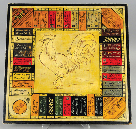 Early wood Monopoly game board, circa 1920s, hand-painted property markers and corner landing squares, reverse side has similar graphics, 24 inches square. Estimate $3,500-$4,500. Bertoia Auctions image.