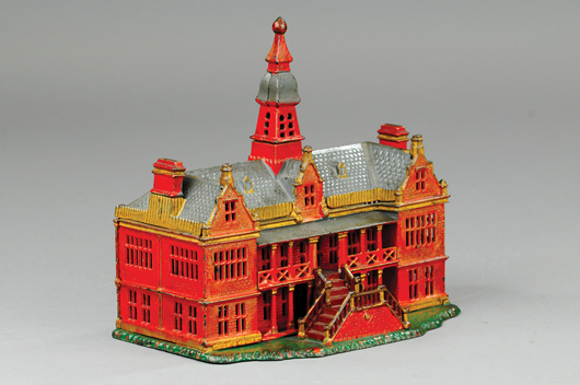Circa-1885 Ives Palace still bank, red painted version, 7½ inches high by 8 inches wide. Estimate $8,000-$10,000. Bertoia Auctions image.