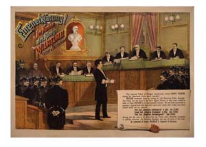This rare lithograph depicts Harry Houdini pursuing a slander case in a German courtroom. The poster measures 43 inches by 31 1/4 inches and carries a $15,000-$20,000 estimate. Image courtesy of Potter & Potter Auctions.