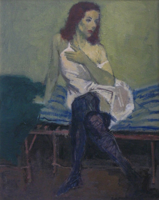 Raphael Soyer (American 1899-1987), ‘Model on Bench,’ oil on canvas, signed Raphael Soyer lower right, 20 x 16 inches. Estimate: $6,000-$9,000. Image courtesy of Rachel Davis Fine Arts.