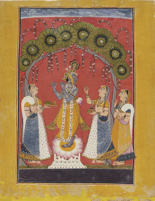 Krishna Fluting for the Gopis,’ page from an illustrated Dashavatara series, circa 1730. Opaque watercolor and gold on paper, 10 1/4 x 8 inches.
