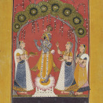 ‘Krishna Fluting for the Gopis,’ page from an illustrated Dashavatara series, circa 1730. Opaque watercolor and gold on paper, 10 1/4 x 8 inches. Collection of Catherine and Ralph Benkaim